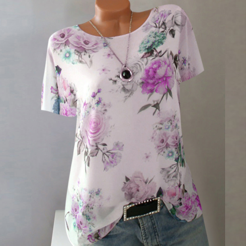 summer new women's shirt loose printed large round neck short-sleeved T-shirt