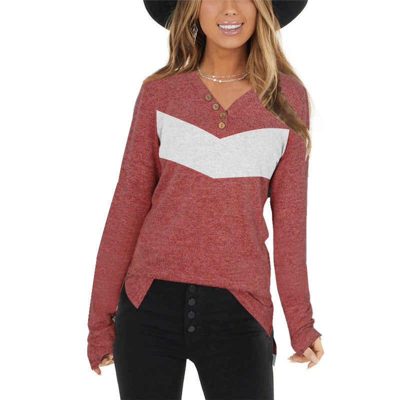 autumn and winter new women's long-sleeved V-neck stitching tops women's contrast sweater