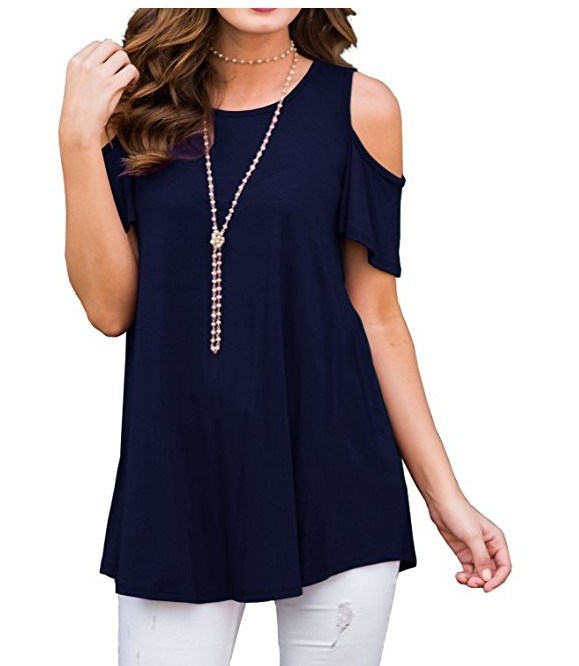 Summer Women's Shirt Round Neck Off Shoulder Short Sleeved Loose Casual T-shirt