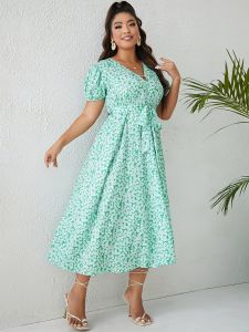 Plus Size Elegant Dress; Women's Plus Floral Print V Neck Belted Short Sleeve Flowy Maxi Dress