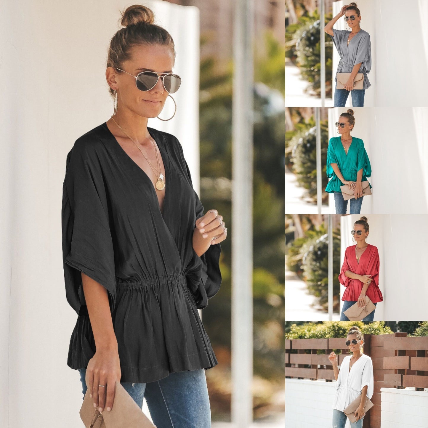 Spring New Loose Bat Sleeve V-neck Shirt Top