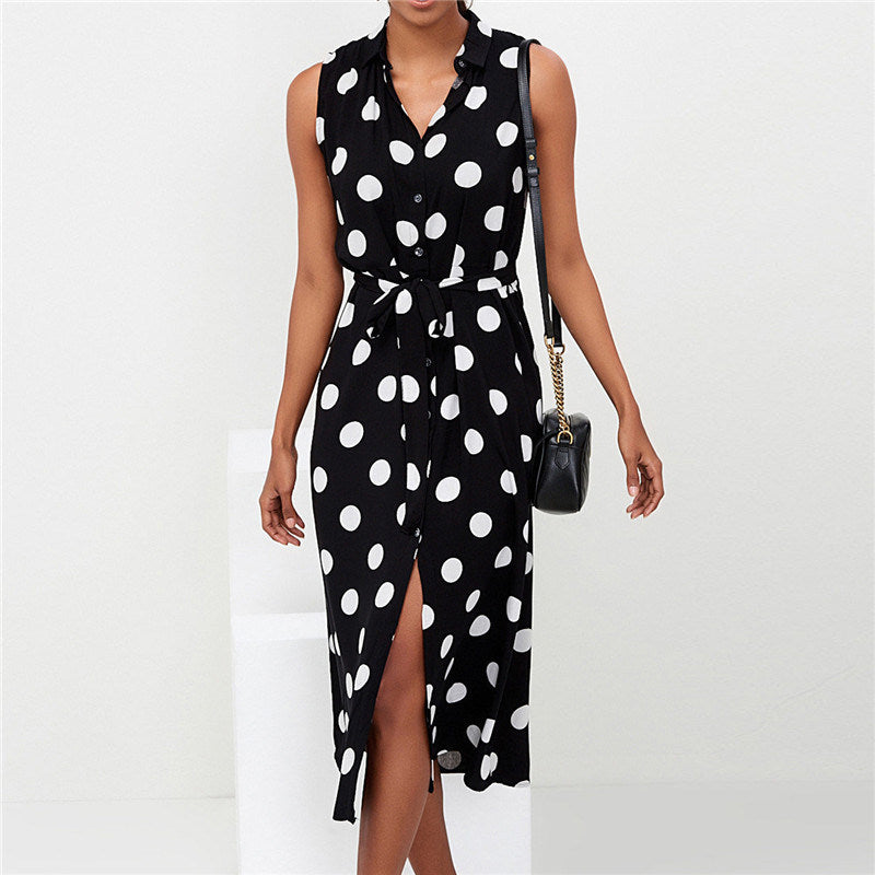 New Dress Sleeveless Polka Dot High Waist Lace-up Women's Chiffon Dress