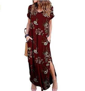 Maxi Dress Loose Pockets Short Sleeve Split Boho Dresses