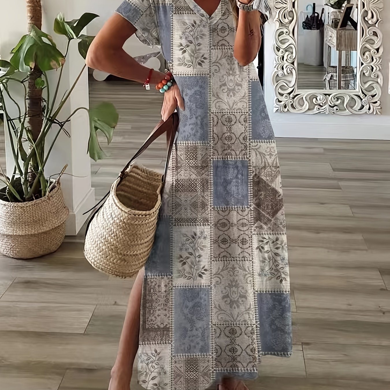 Plus Size Elegant Dress; Women's Plus Floral Print V Neck Short Sleeve Boho Maxi Dress