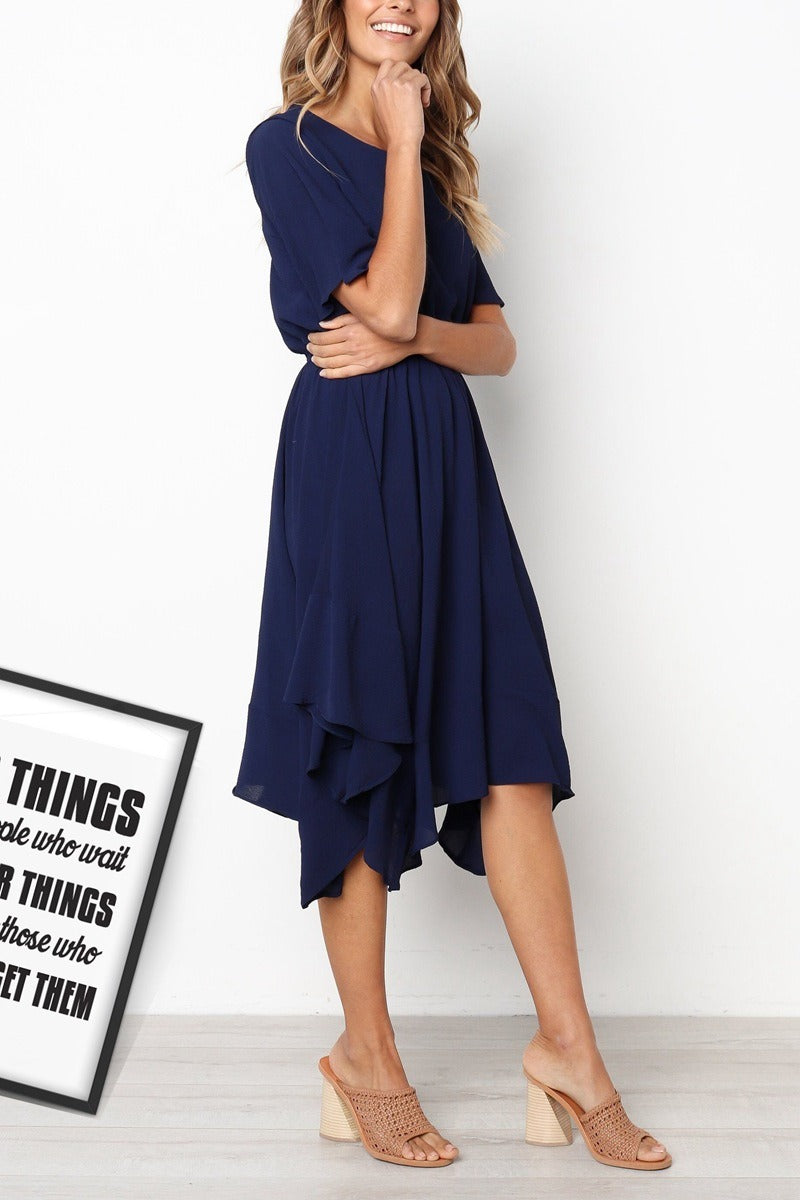 Solid Color Temperament Irregular Elastic Waist Round Neck Sleeve Dress