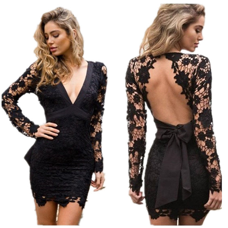 Women Fashion Hollow Lace Backless Dress Sexy Deep V-neck Party Dresses Halter Dress Spring Summer Lace Dress Package Hip Dress Sweety Tops