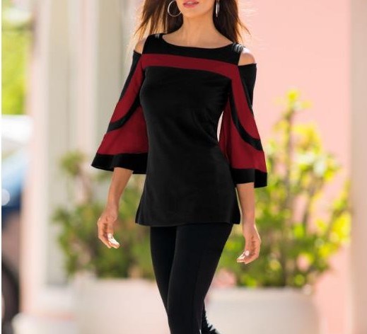 Women Blouses and Tops Black White Colorblock Bell Sleeve Cold Shoulder Top Shirt