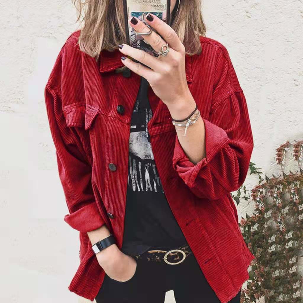 Women's Corduroy Solid Color Buttoned Casual Loose Long Sleeved Shirt