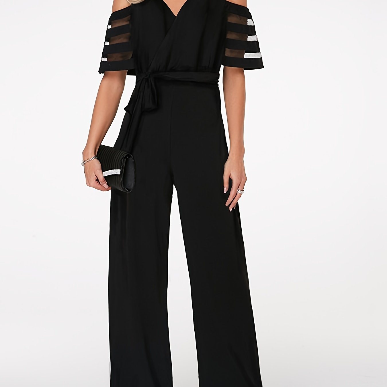 Solid V Neck Off Shoulder Short Sleeve Knitted Long Straight Jumpsuit; Elegant Loose Maxi Party Jumpsuit