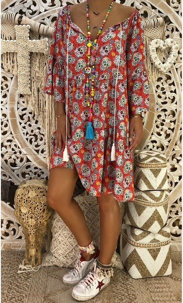 Autumn Summer Print Loose Dress Nine Sleeve Long Sleeve Dress