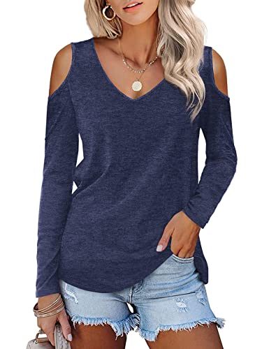 Womens Long Sleeve Cold Shoulder Basic Tee Tops Shirts