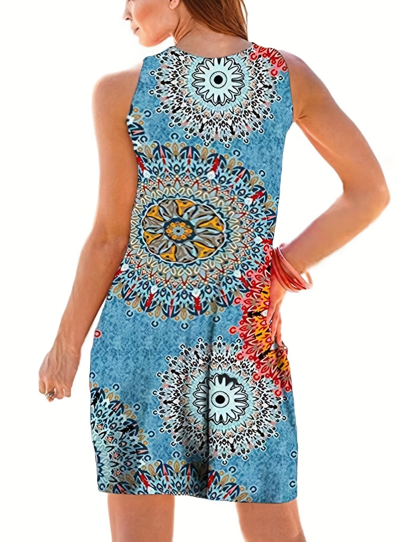 Plus Size Casual Dress; Women's Plus Tile Print V Neck Slight Stretch Tank Maxi Dress