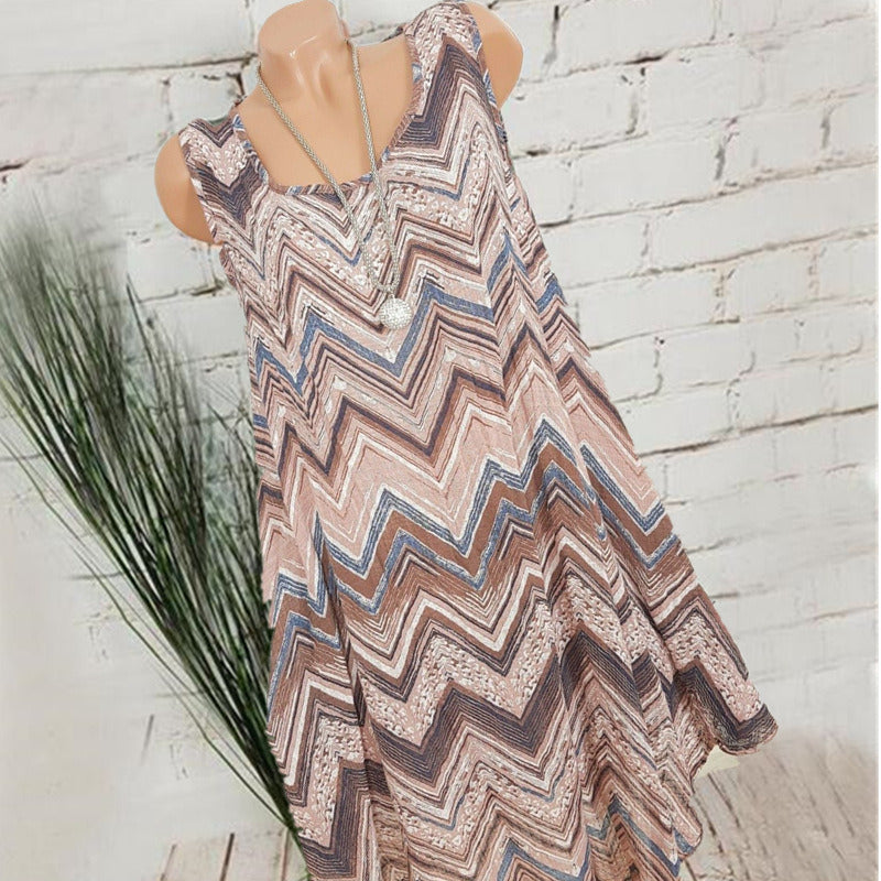 Summer New Large Size Women's Round Neck Sleeveless Print Dress Long Skirt