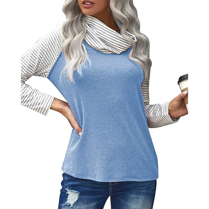 Autumn and winter new women's tops striped high-neck color matching women's long-sleeved T-shirt tops