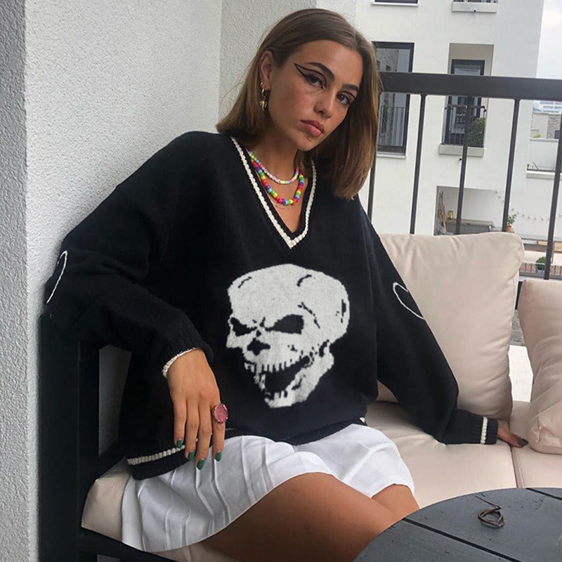 Harajuku Skull Print Loose Autumn Winter Sweater Women Pullovers Casual y2k Knitwear Jumpers Korean Sweaters New