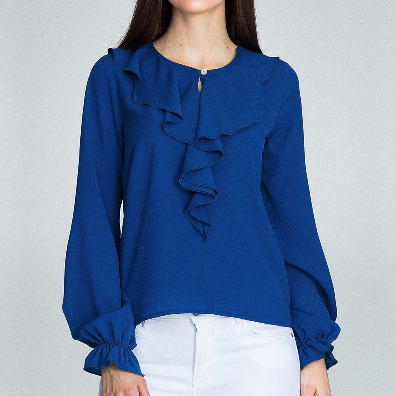 Autumn and Winter Solid Color Round Neck Ruffled Long Sleeved Chiffon Ladies Top