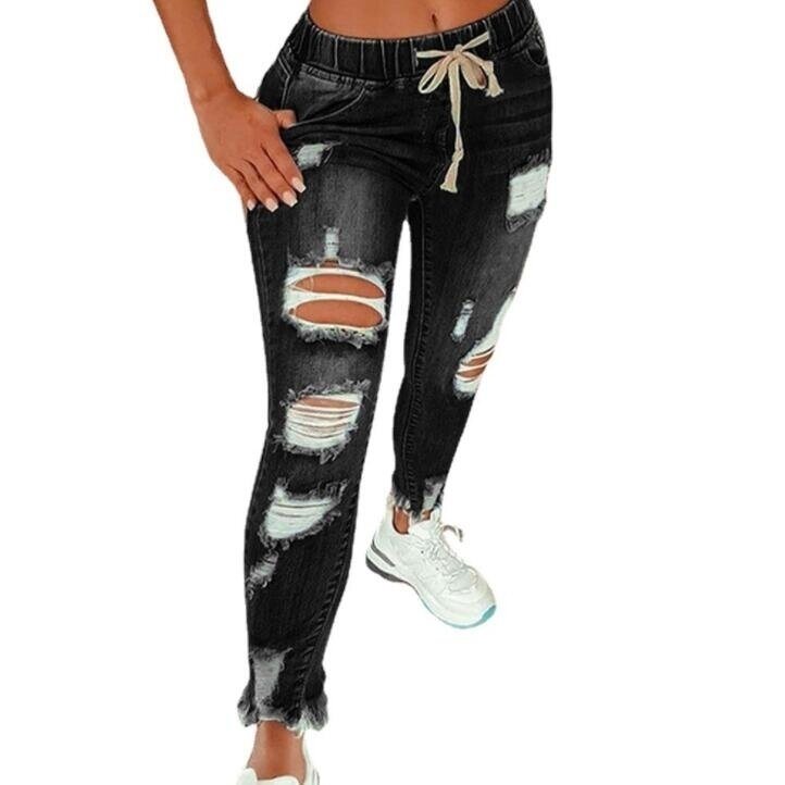 Drawstring Ripped Casual Jeans