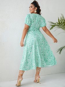 Plus Size Elegant Dress; Women's Plus Floral Print V Neck Belted Short Sleeve Flowy Maxi Dress