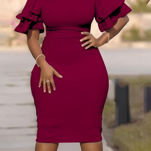 Plus Size Ruffle Trim Solid Round Neck Bodycon Dress; Women's Plus Elegant Medium Stretch Bodycon Dress