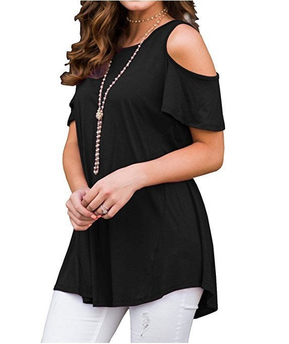 Summer Women's Shirt Round Neck Off Shoulder Short Sleeved Loose Casual T-shirt