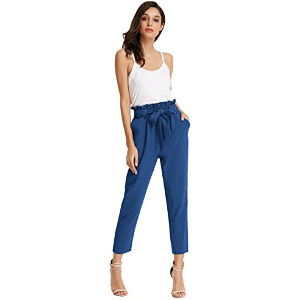 Women's Cropped Paper Bag Waist Pants with Pockets