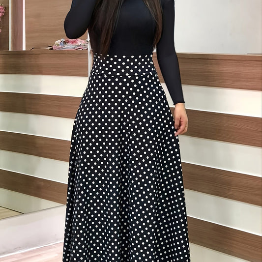 Plus Size Contrast Polka Dot Print Medium Stretch Maxi Dress; Women's Plus High Waist Elegant Long Dress