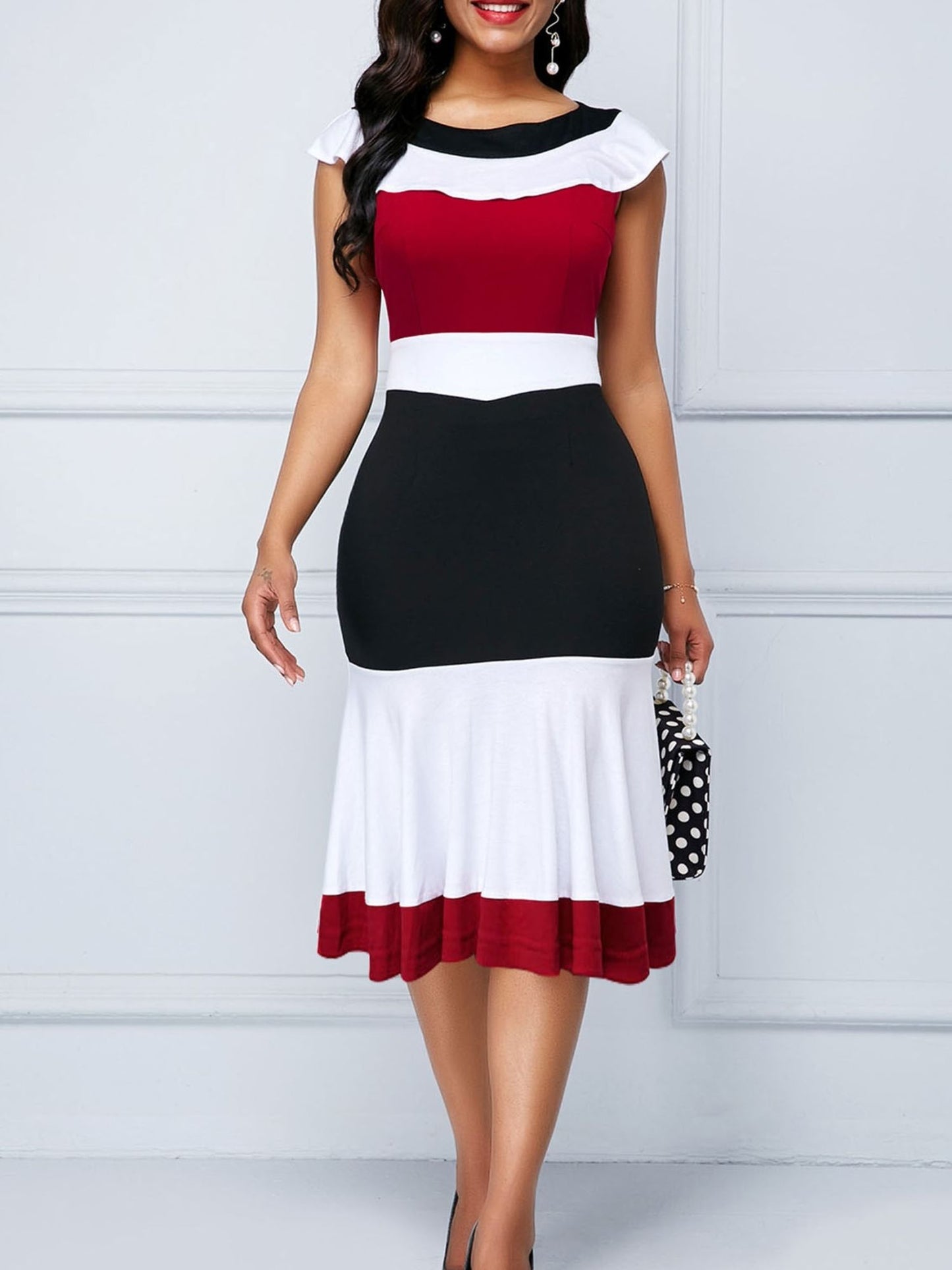 Color Block Ruffle Trim Slim Dress; Sleeveless Pencil Dress For Spring & Summer