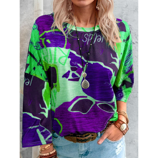 Autumn Long Sleeve T Shirt Women O-Neck Map Graffiti Printing Cotton T-Shirts Ladies Plus Size Tops Casual Loose Tees