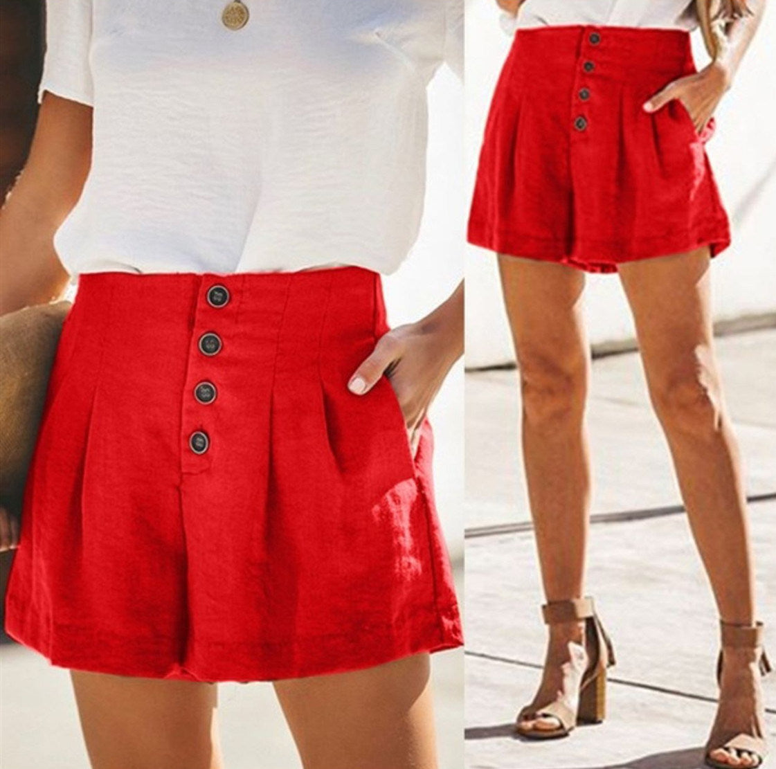 summer Europe and the United States new women's high waist buckle wide leg shorts pants