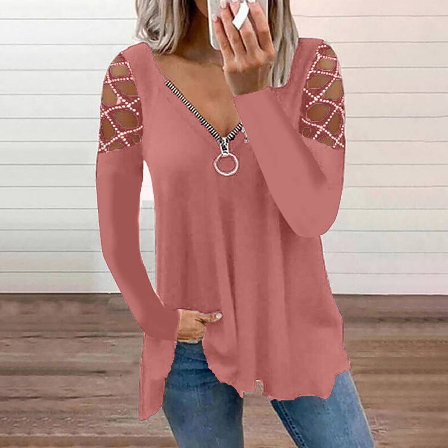 Fall/Winter New Fashion Women's V-neck Solid Color Hollow Sleeve Hot Rhinestone Casual Top Women's T-shirt