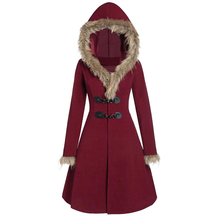 Fashion women's new style fur hat cuffs long sleeve alloy leather buckle Slim double-sided woolen mid-length coat