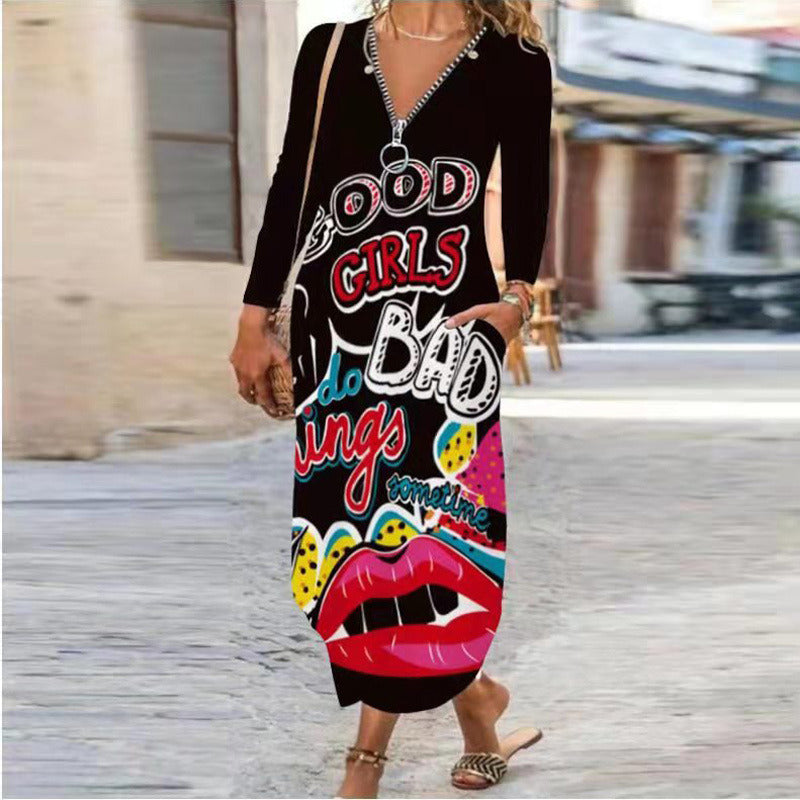 Women's Dress 2021 Autumn and Winter New Style Commuter Printing Zipper Pocket Long Skirt