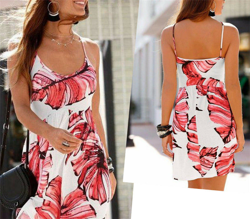 summer new women's thin section printed strap dress