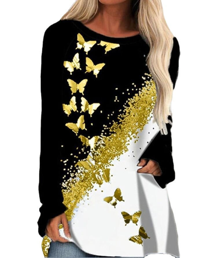 autumn and winter new women's fashion casual round neck gold butterfly printing long-sleeved T-shirt top