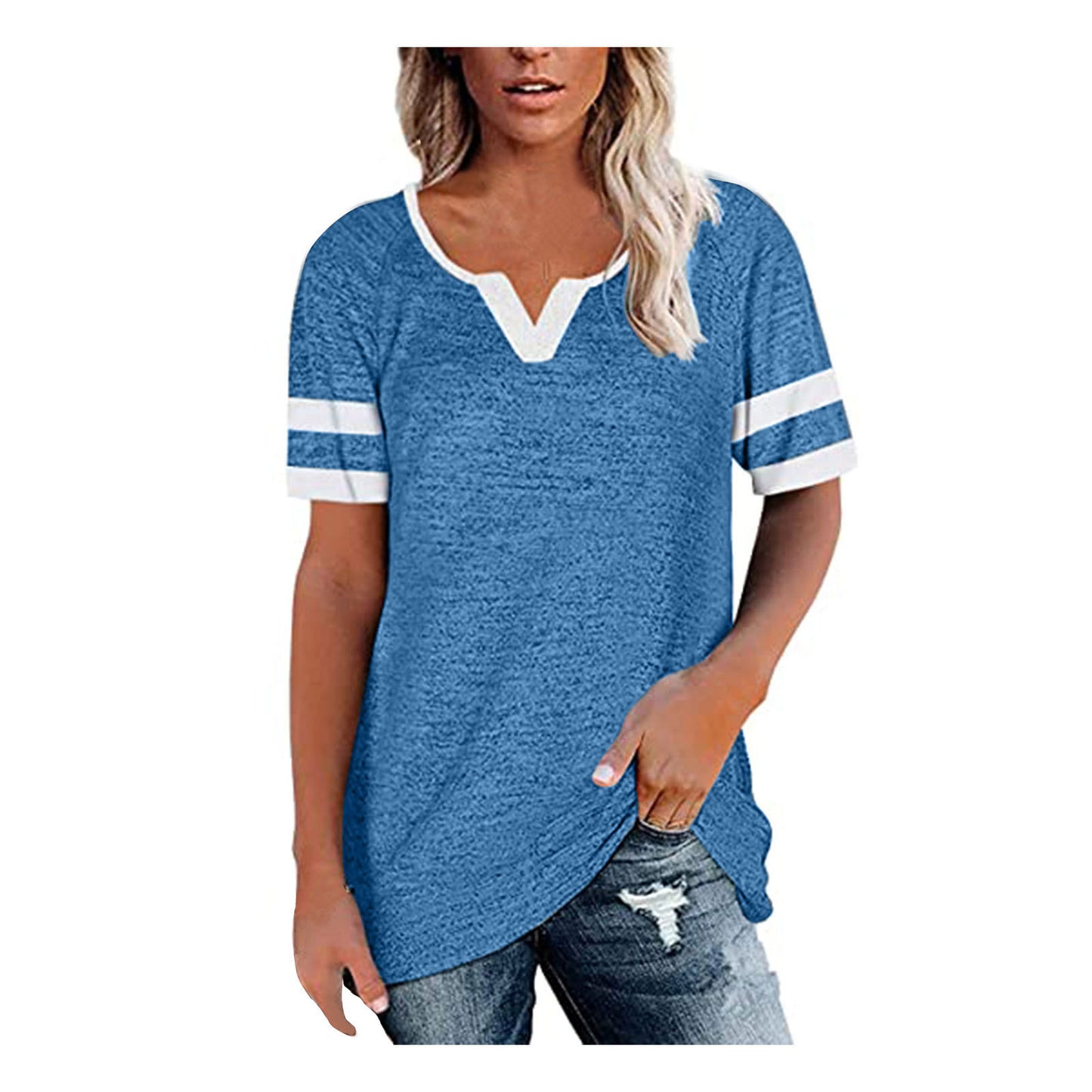 summer new women's T-shirt stitching V-neck casual T-shirt short-sleeved loose top