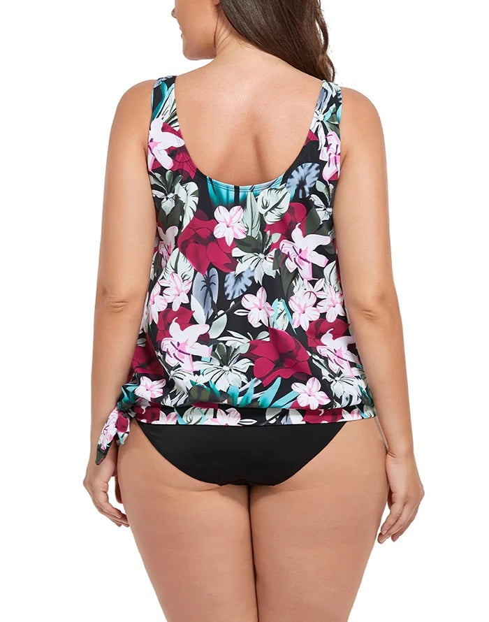 Wine Pink Flower Side Tie Blouson Tankini Top