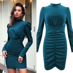 Best Selling Autumn and Winter Women's High Collar Long Sleeve Bag Hip Pleated Dress