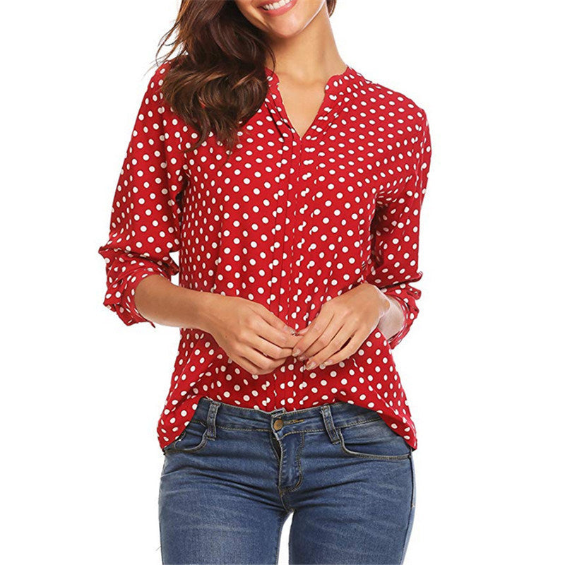 Europe and The United States Dot Print V-neck Long-sleeved Sleeves Loose Ladies Chiffon Shirt Women