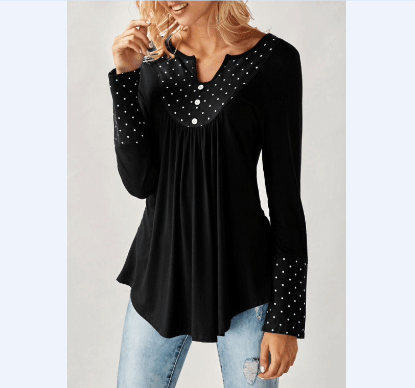 European and American autumn and winter cuffs dot printed long sleeves V-neck T-shirt tops t-shirt