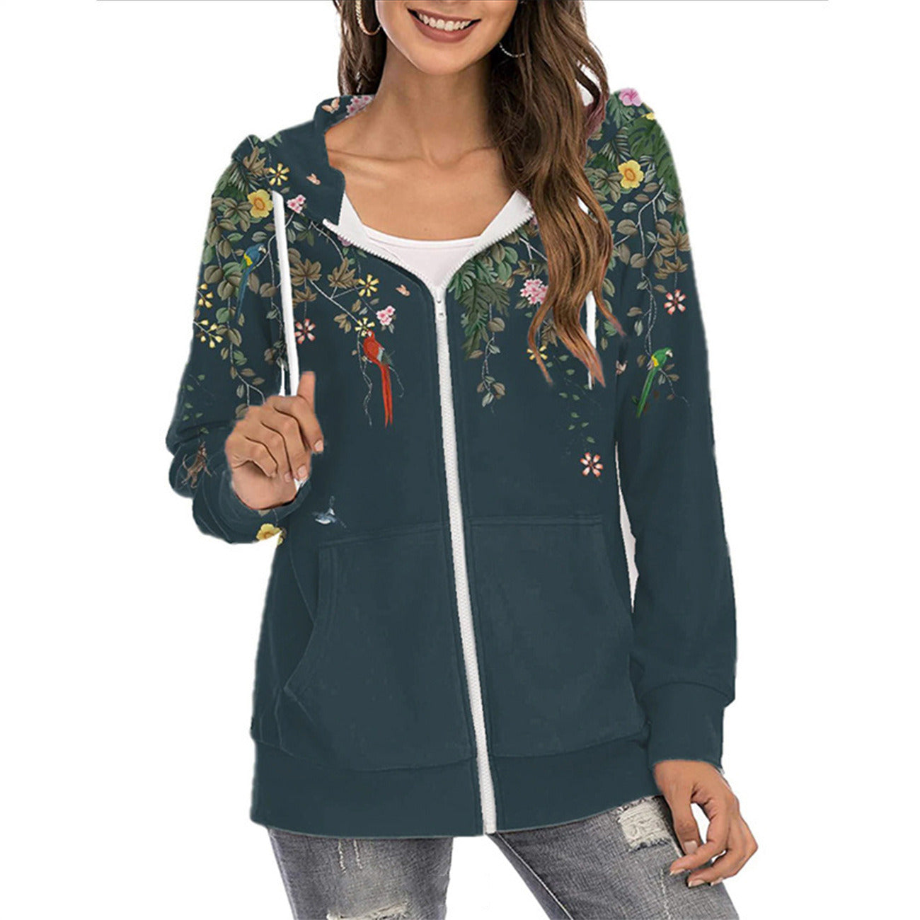 Autumn and winter new women's clothing printed Hoodie zipper commuter gradient coat women