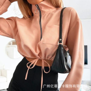 autumn and winter new women's casual stand-up collar shirt solid color zipper long-sleeved pullover sweater