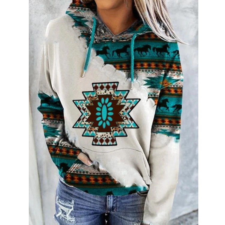 autumn and winter new women's sweater national wind printing casual hooded hoodie