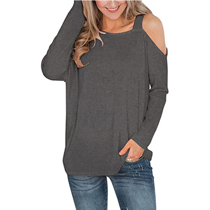 Autumn and Winter New Women's Clothing Solid Color Strapless Fashion Versatile Loose Long-sleeved T-shirt