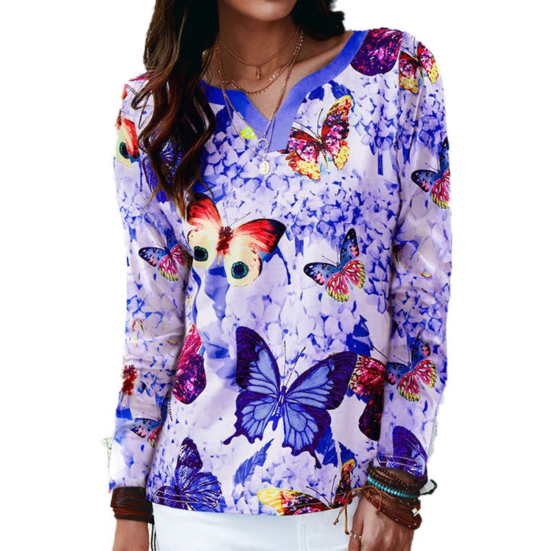 fashion women's fall/winter new loose V-neck butterfly print long-sleeved t-shirt