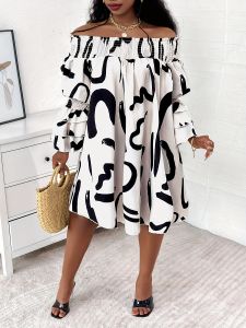 Plus Size Off Shoulder Ruffle Sleeve Geometric Print Midi Dress; Women's Plus Casual Midi Dress