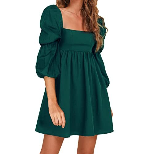 Womens Square Neck Dress Long Puff Sleeve A-Line Casual Short Mini Dress