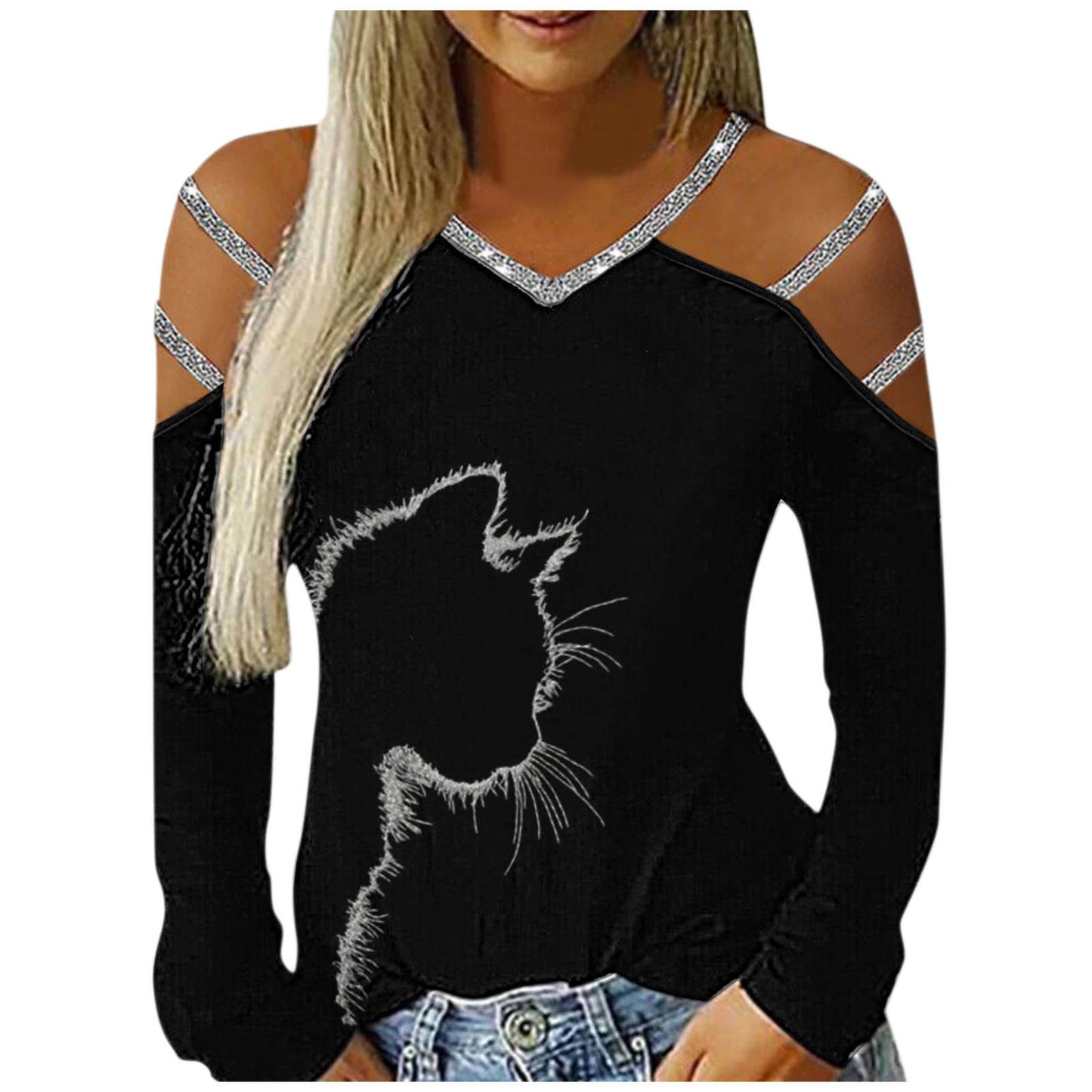 Gradient Printed Women's Shirt Casual Loose Blouses Women Hollow Out Long Sleeves V Neck Off Shoulder Blousess Tops Women