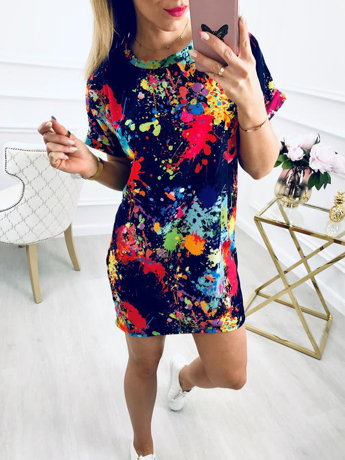 summer women's new color splash ink printed casual short-sleeved dress