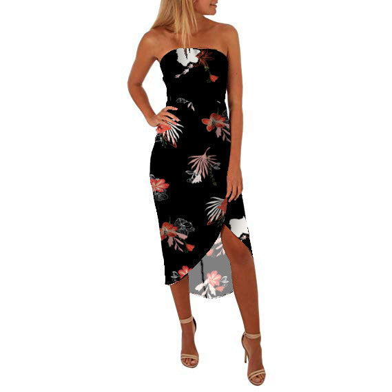 Women's Spring and Summer Sexy Wrapped Chest Print with Irregular Skirt Chiffon Dress