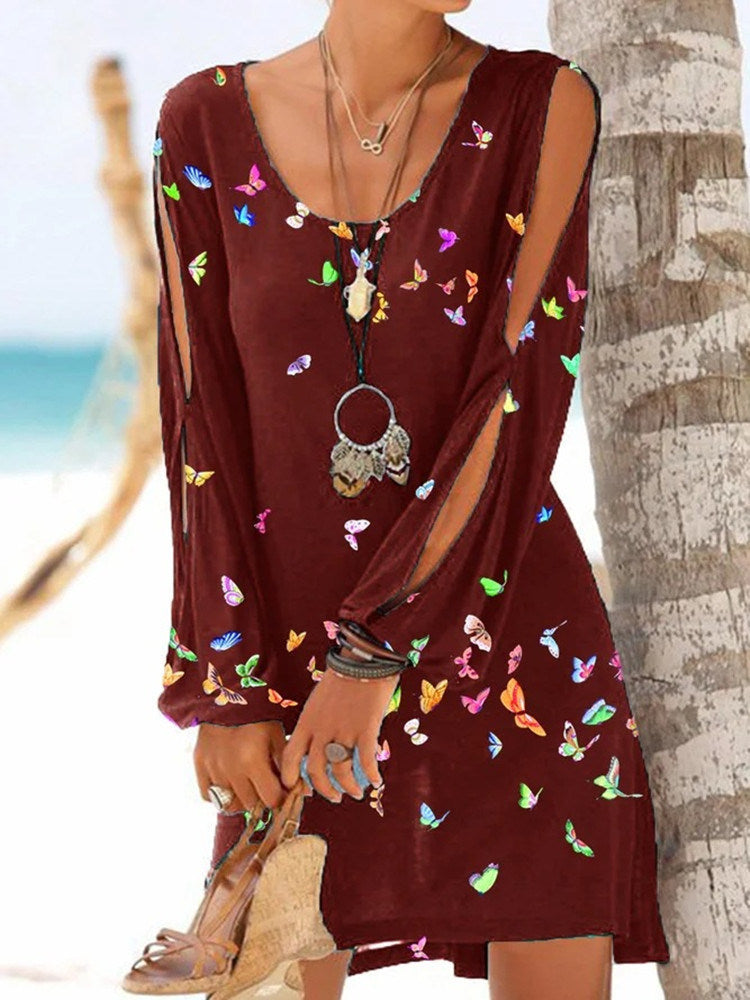 Women's Butterfly Print Long Sleeve Hollow Loose Beach Dress